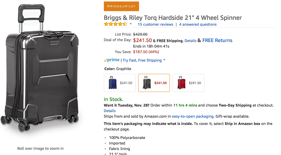 a black suitcase on a product page