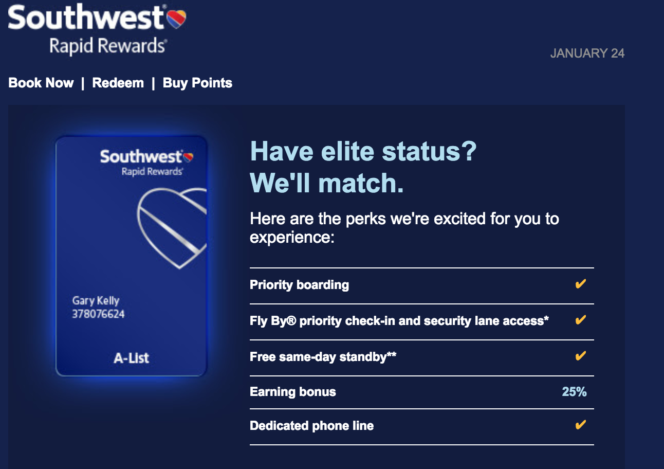 southwest status match will earn you southwest a list status.