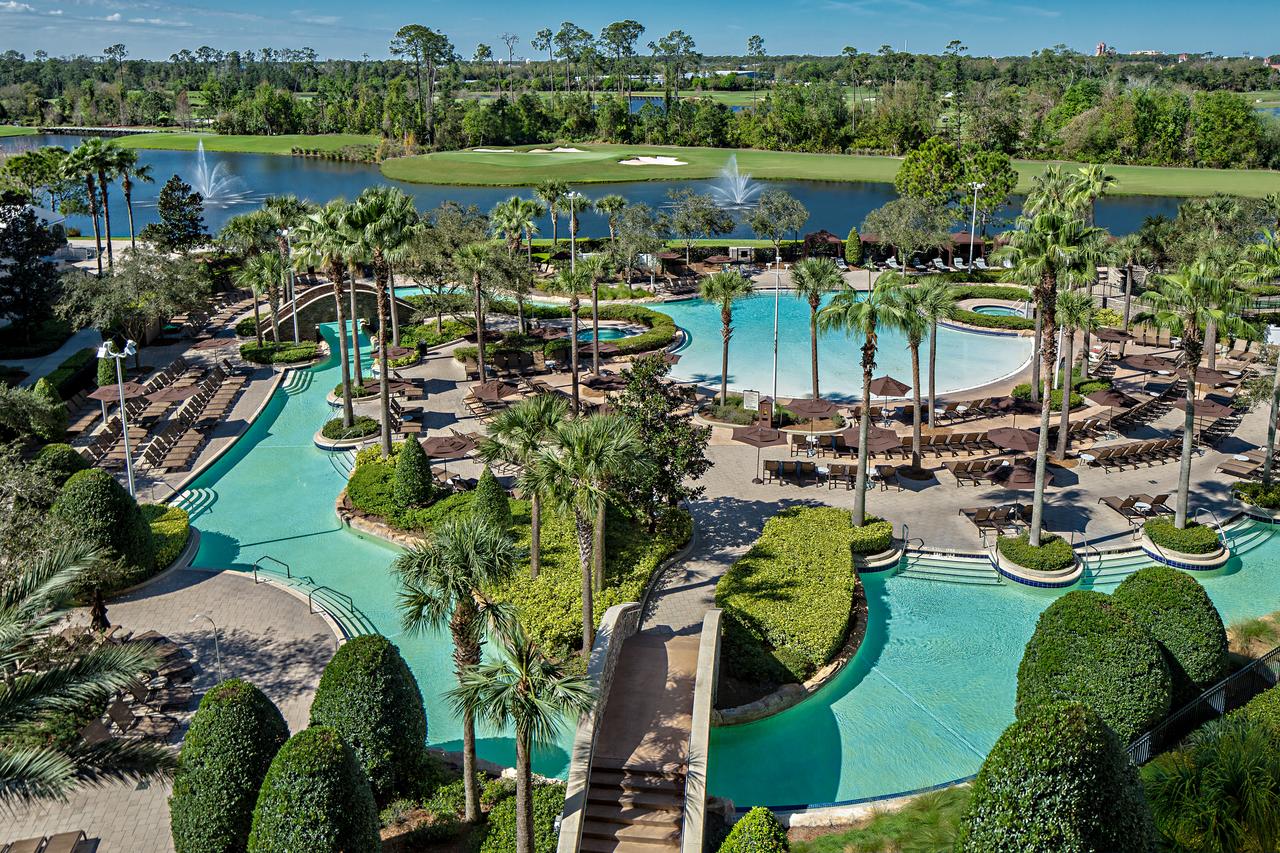 a pool with palm trees and a golf course